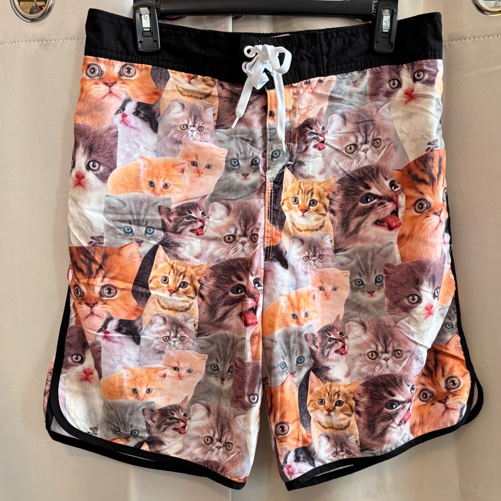 Bioworld‎ Mens Cat Print Swim Trunks Board Shorts Large Kitten Soft Retro 19763